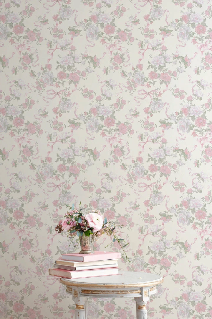 LSF Cabbage Rose Bow Wallpaper Home Decor 5 LSF Cabbage Rose Bow Wallpaper Home Decor