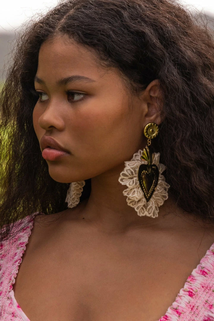 LSF LoveShackFancy X Lova Gold Heart Beige Lace Fringe Earrings 4 LSF LoveShackFancy X Lova Gold Heart Beige Lace Fringe Earrings